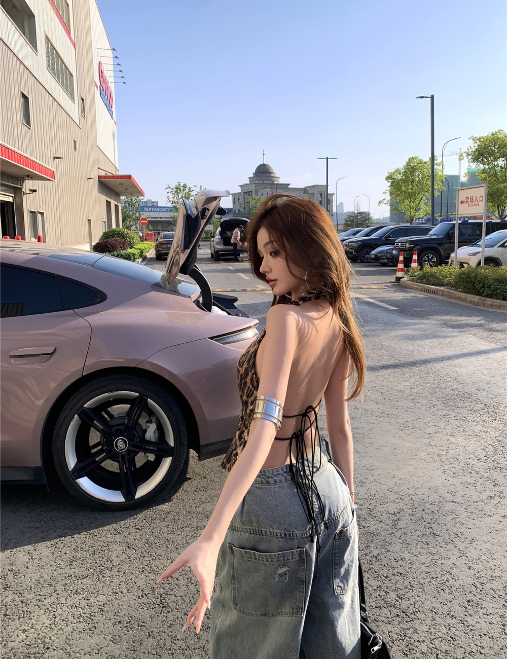 Sexy sequins holes loose tops halter street spicegirl jeans a set