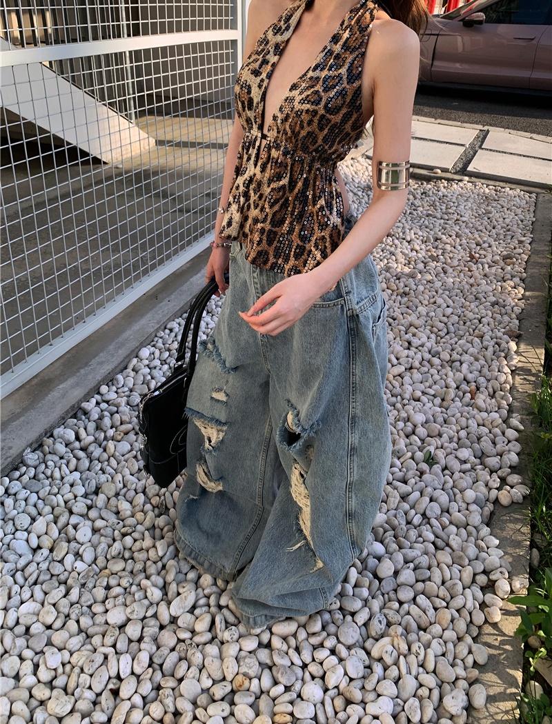 Sexy sequins holes loose tops halter street spicegirl jeans a set
