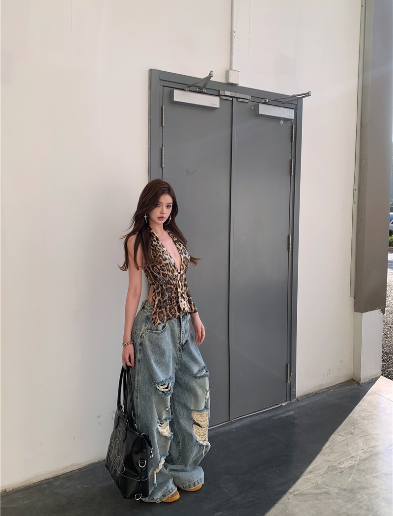 Sexy sequins holes loose tops halter street spicegirl jeans a set