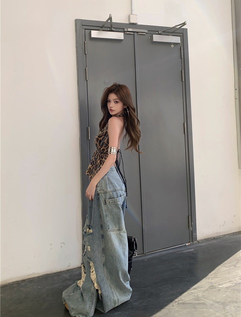Sexy sequins holes loose tops halter street spicegirl jeans a set
