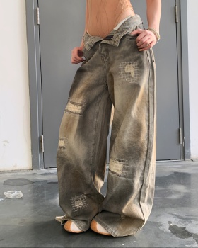 Holes loose wide leg pants retro jeans