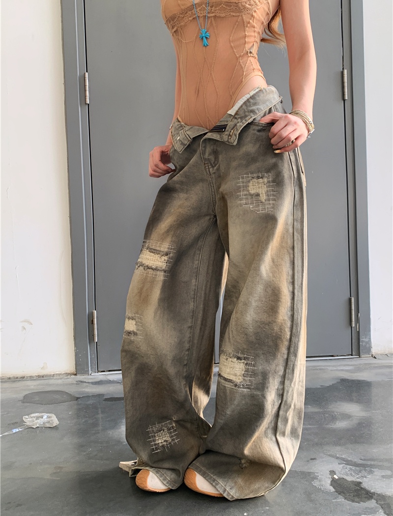 Holes loose wide leg pants retro jeans