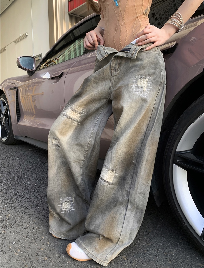 Holes loose wide leg pants retro jeans