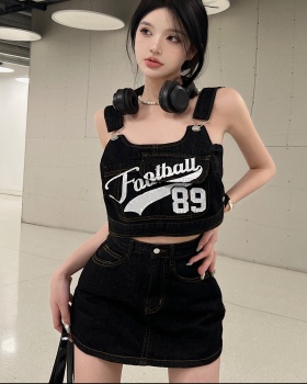 Retro strap sling tops package hip denim culottes 2pcs set