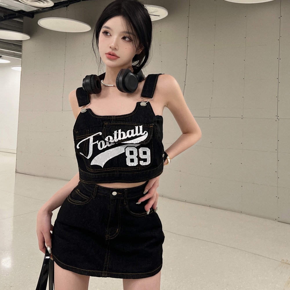Retro strap sling tops package hip denim culottes 2pcs set