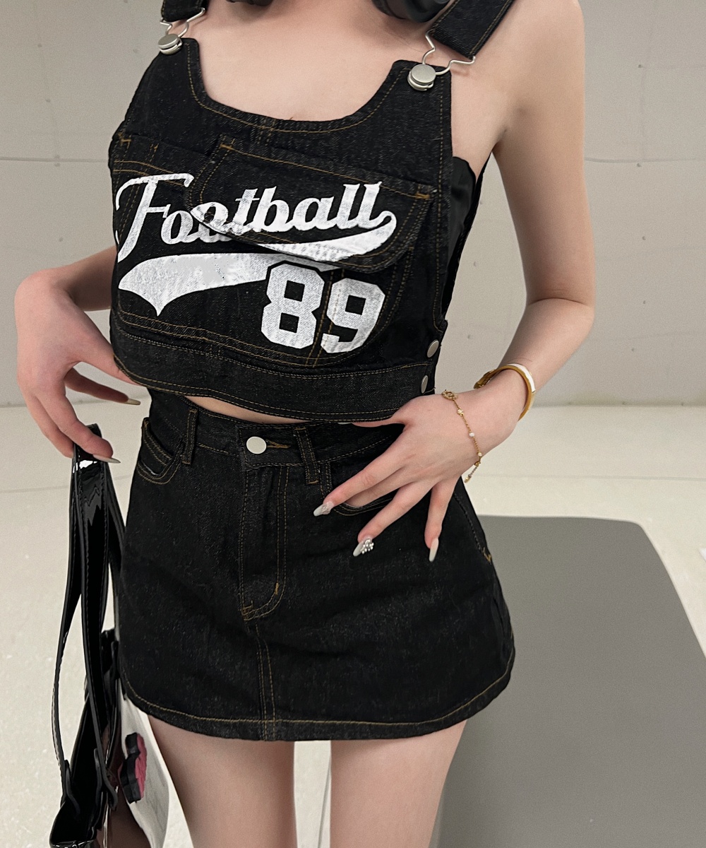 Retro strap sling tops package hip denim culottes 2pcs set
