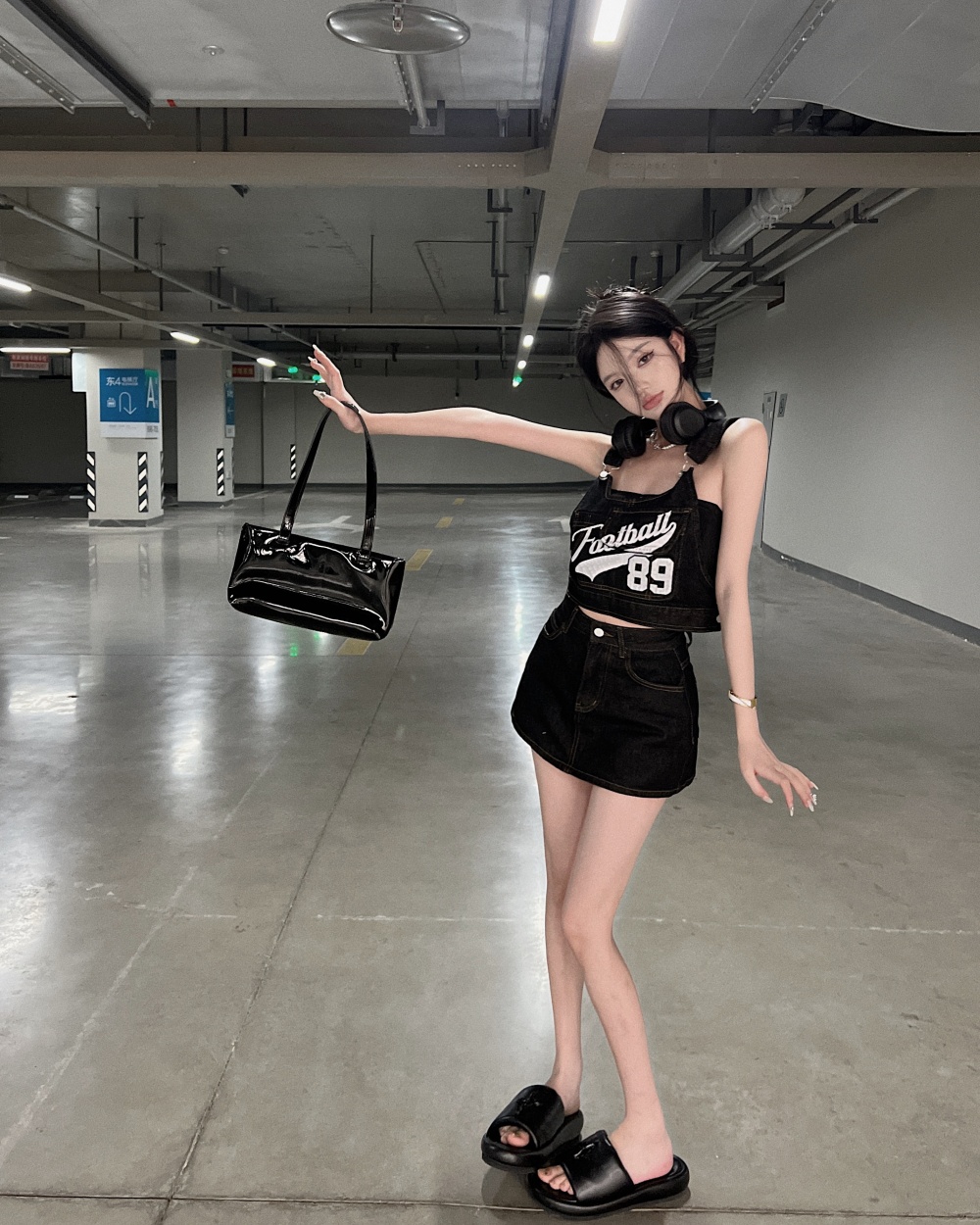 Retro strap sling tops package hip denim culottes 2pcs set