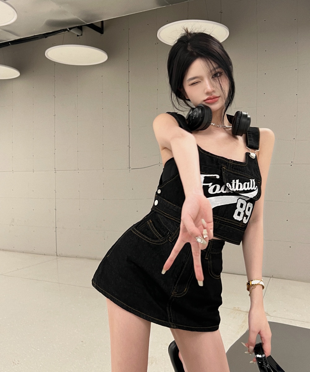 Retro strap sling tops package hip denim culottes 2pcs set