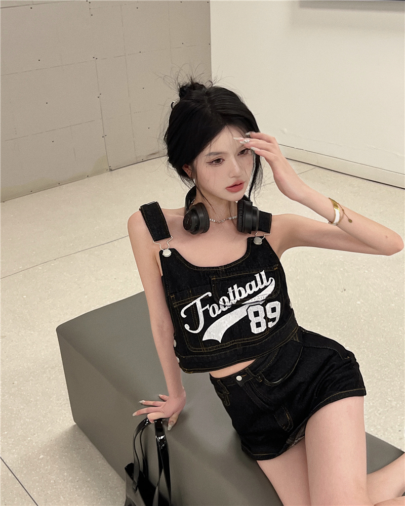 Retro strap sling tops package hip denim culottes 2pcs set