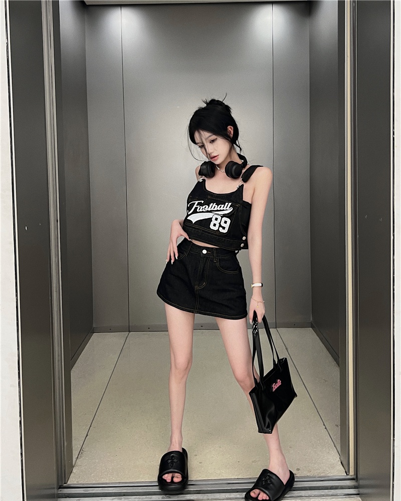 Retro strap sling tops package hip denim culottes 2pcs set