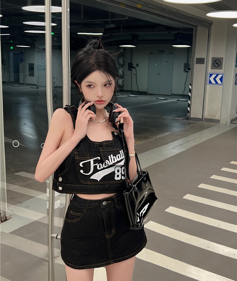 Retro strap sling tops package hip denim culottes 2pcs set