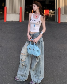 Straight pants mopping jeans holes retro pants a set