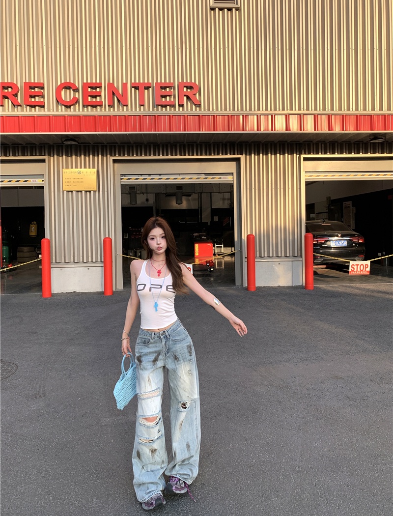 Straight pants mopping jeans holes retro pants a set
