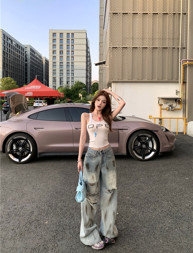 Straight pants mopping jeans holes retro pants a set