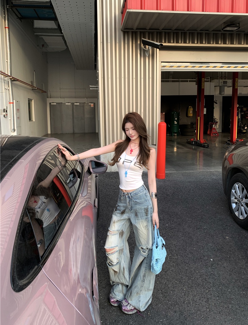 Straight pants mopping jeans holes retro pants a set