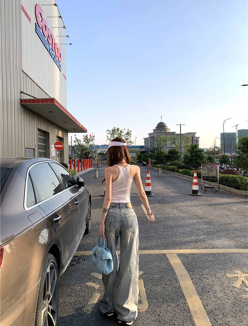 Straight pants mopping jeans holes retro pants a set