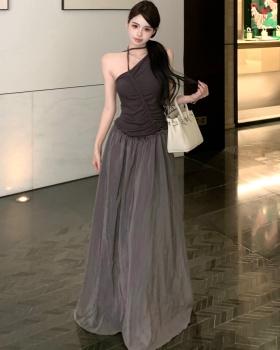 Irregular mixed colors long dress sloping shoulder dress