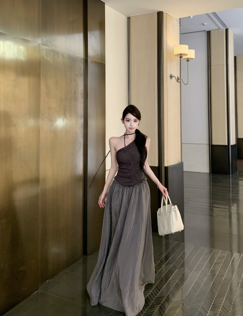 Irregular mixed colors long dress sloping shoulder dress