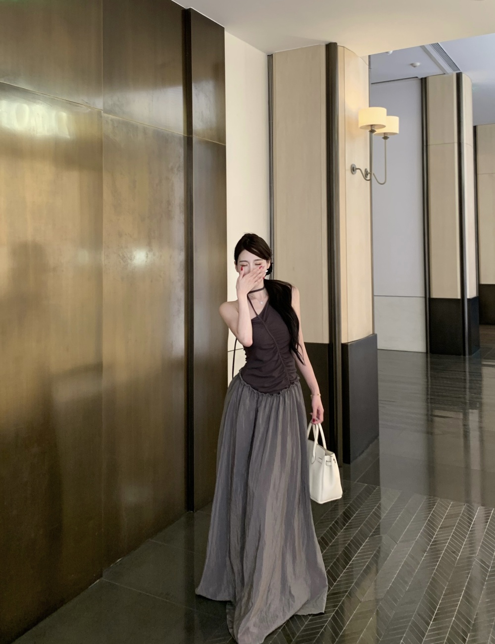 Irregular mixed colors long dress sloping shoulder dress