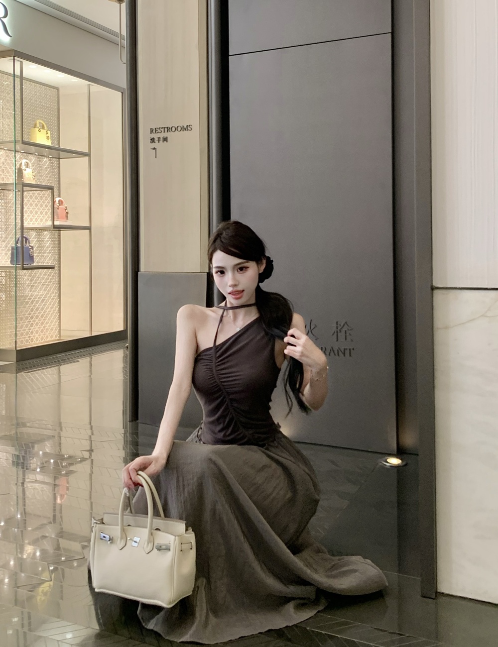 Irregular mixed colors long dress sloping shoulder dress