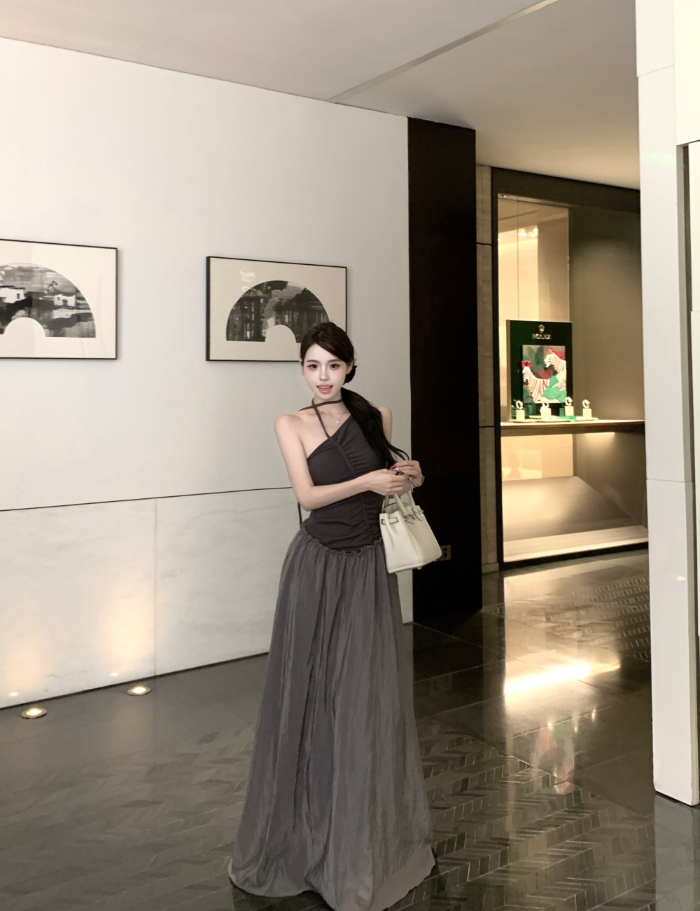 Irregular mixed colors long dress sloping shoulder dress