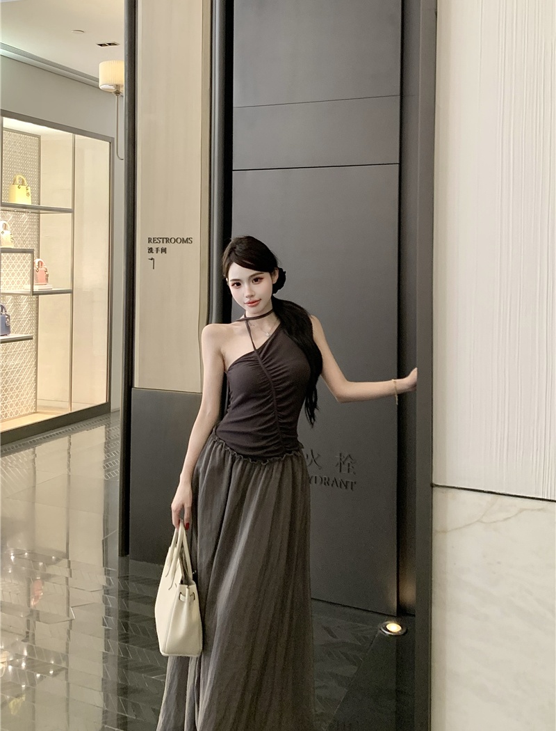 Irregular mixed colors long dress sloping shoulder dress
