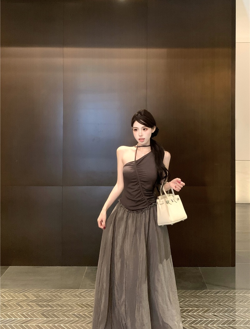 Irregular mixed colors long dress sloping shoulder dress