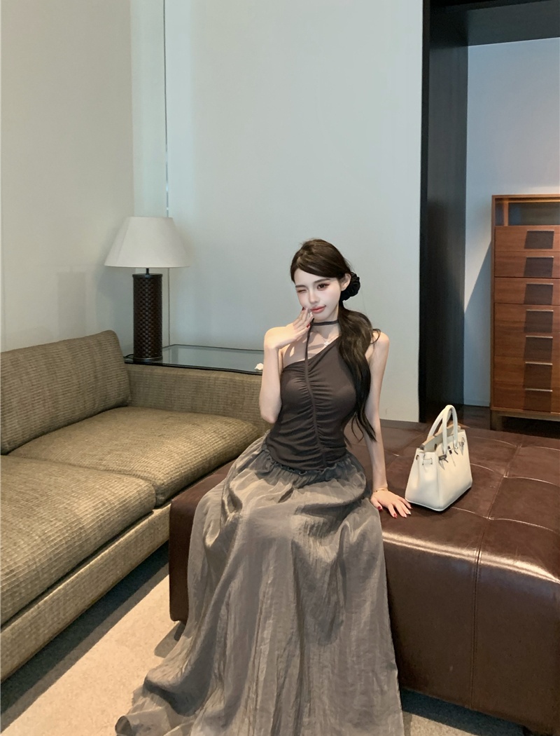 Irregular mixed colors long dress sloping shoulder dress