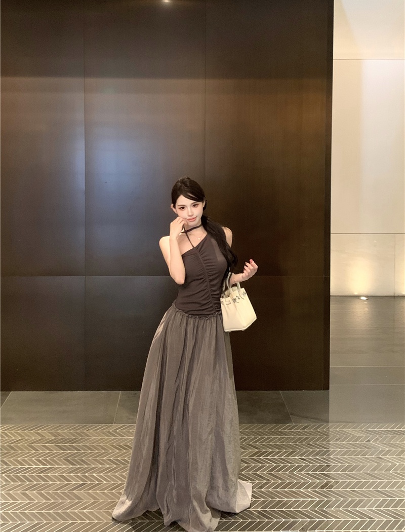 Irregular mixed colors long dress sloping shoulder dress