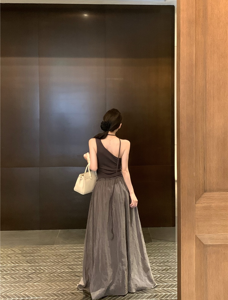 Irregular mixed colors long dress sloping shoulder dress