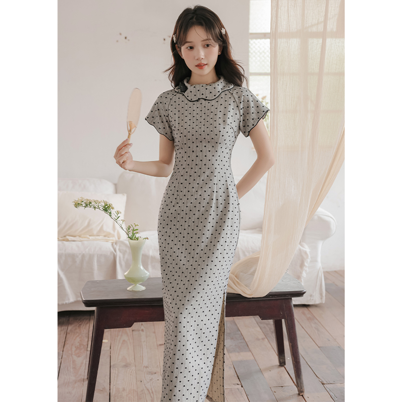 Temperament polka dot cheongsam retro doll collar dress