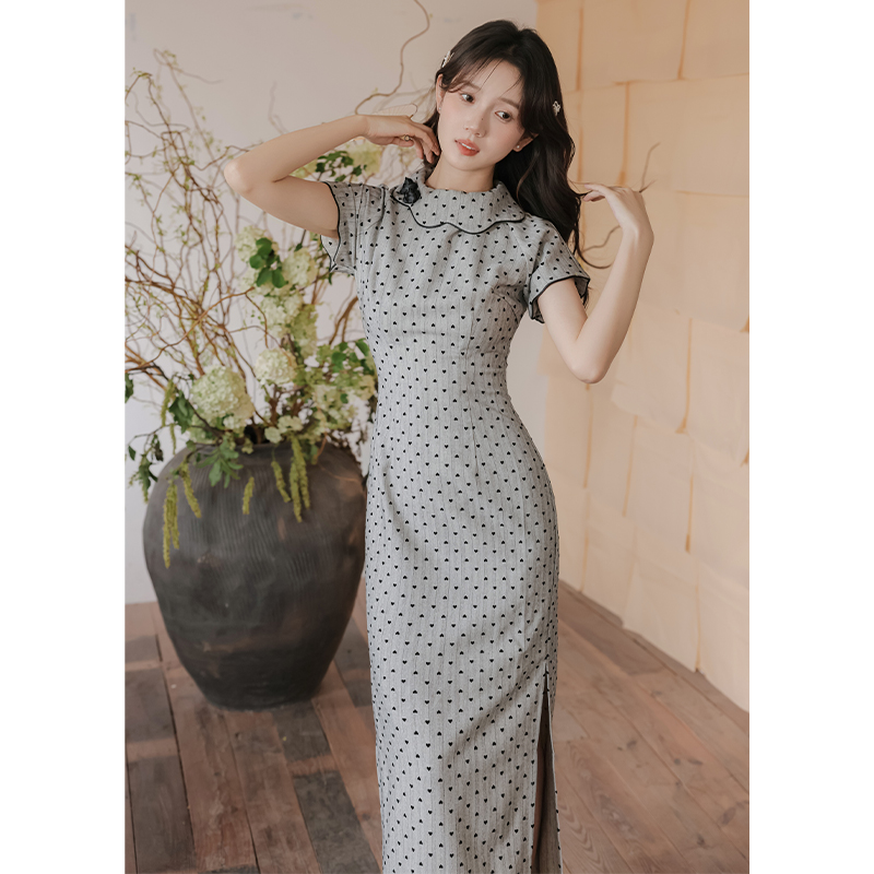 Temperament polka dot cheongsam retro doll collar dress