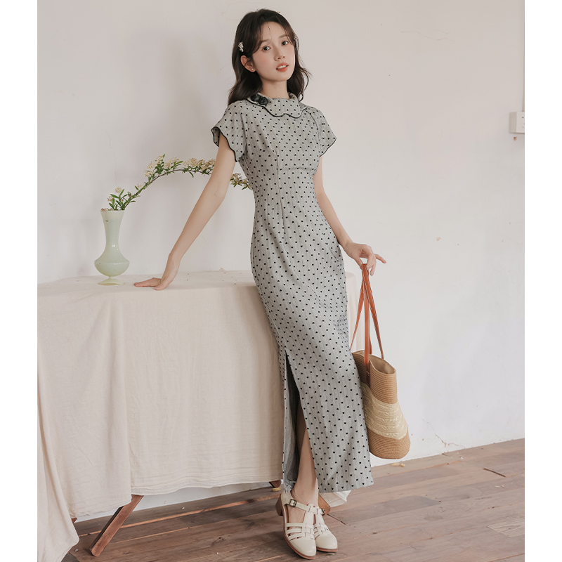 Temperament polka dot cheongsam retro doll collar dress