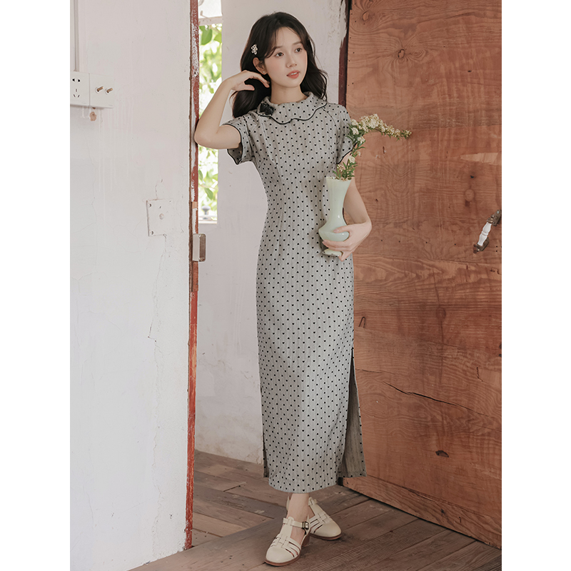 Temperament polka dot cheongsam retro doll collar dress