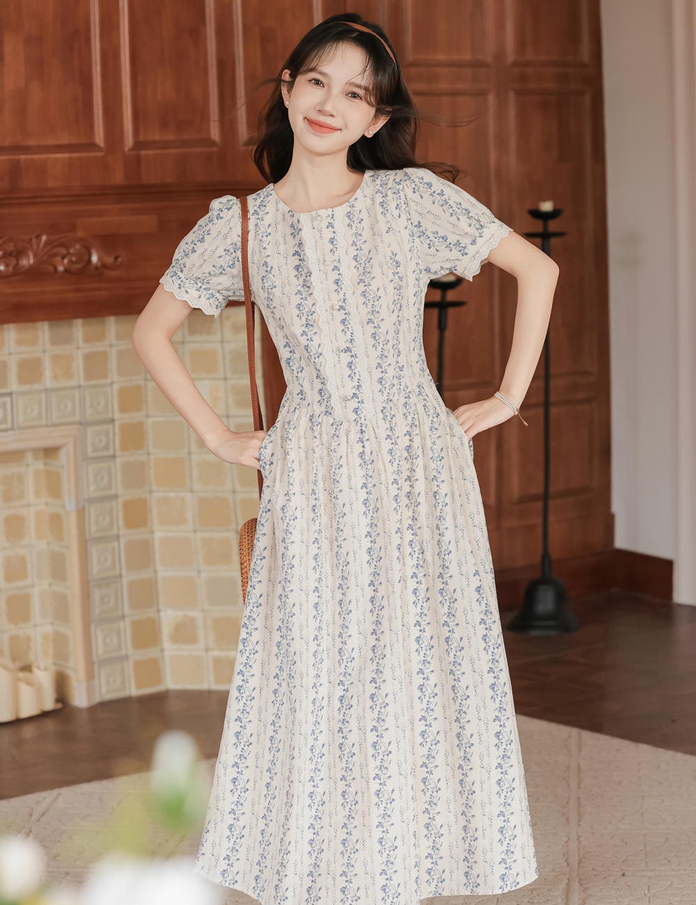 Blue umbrella swing tender retro puff sleeve art dress