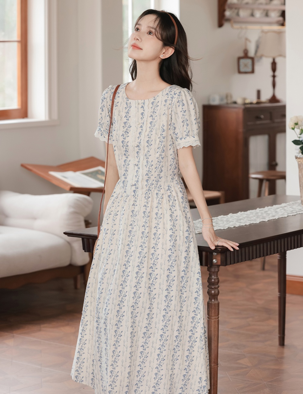 Blue umbrella swing tender retro puff sleeve art dress