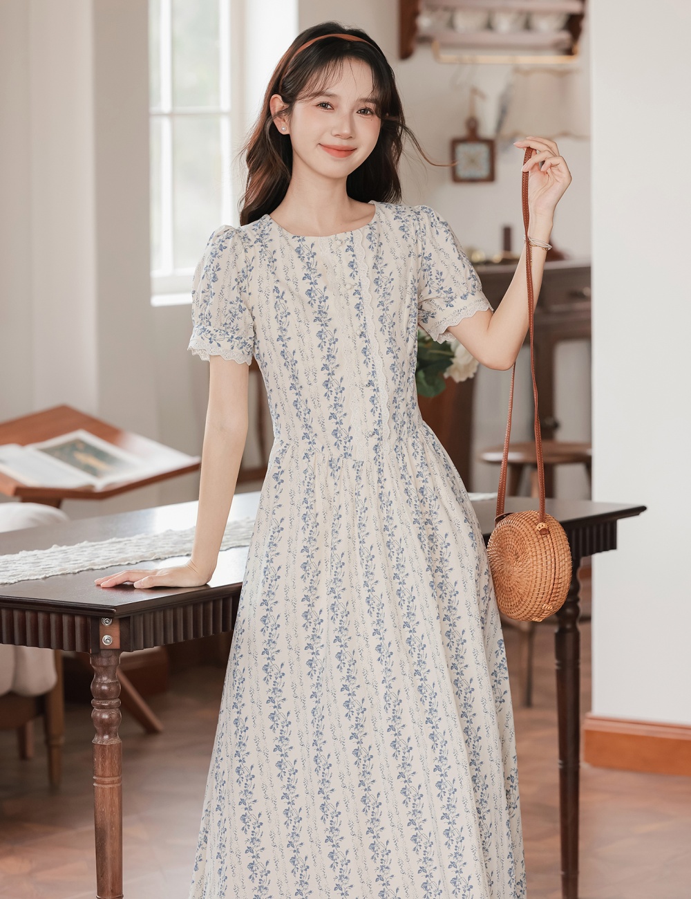 Blue umbrella swing tender retro puff sleeve art dress