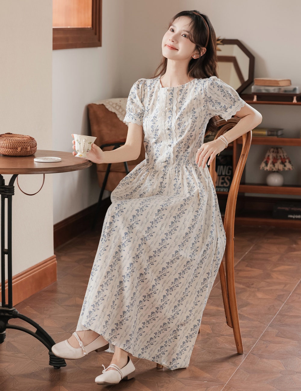 Blue umbrella swing tender retro puff sleeve art dress