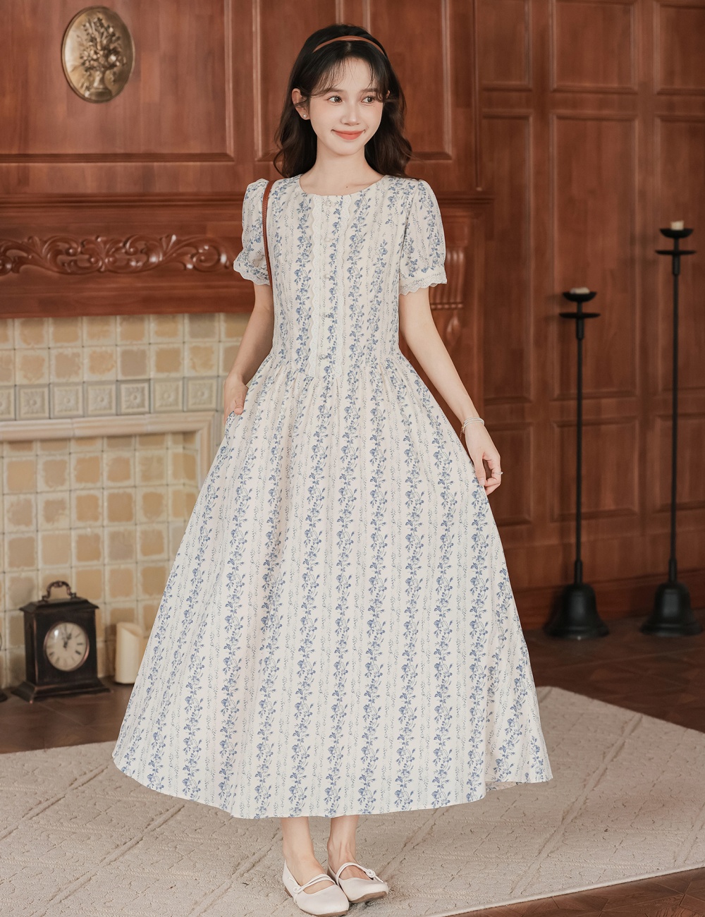 Blue umbrella swing tender retro puff sleeve art dress