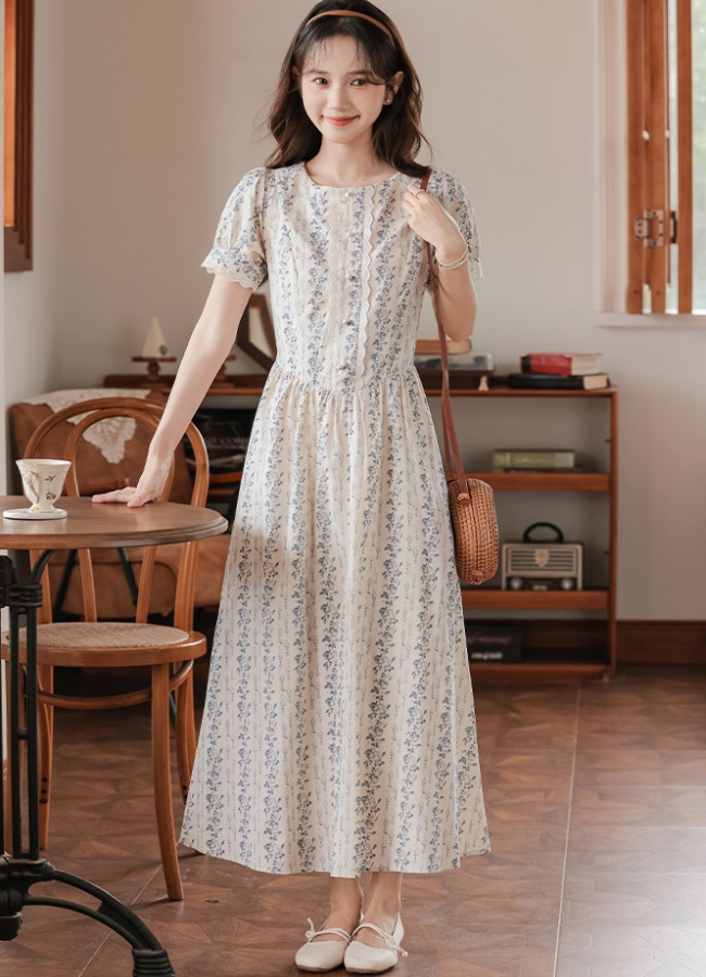 Blue umbrella swing tender retro puff sleeve art dress