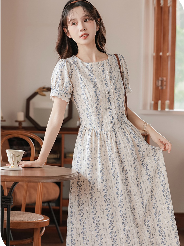 Blue umbrella swing tender retro puff sleeve art dress