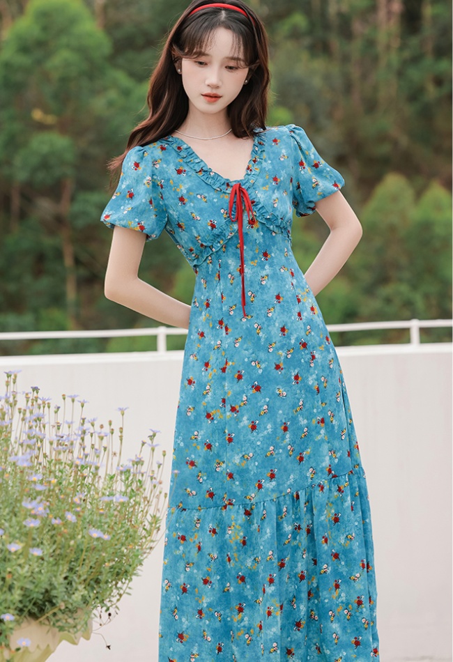 Summer blooming long dress V-neck floral dress for women