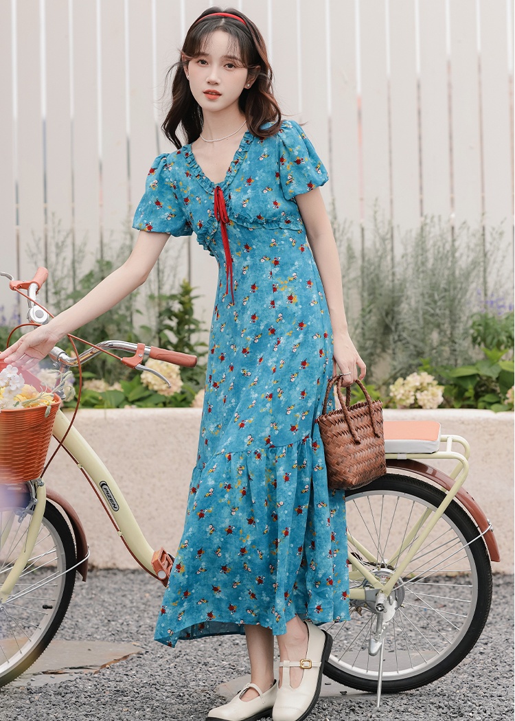 Summer blooming long dress V-neck floral dress for women