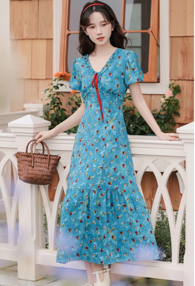 Summer blooming long dress V-neck floral dress for women