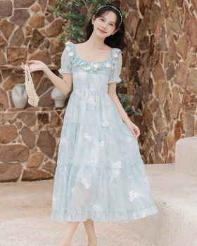 Summer high waist pinched waist blue retro dress for women