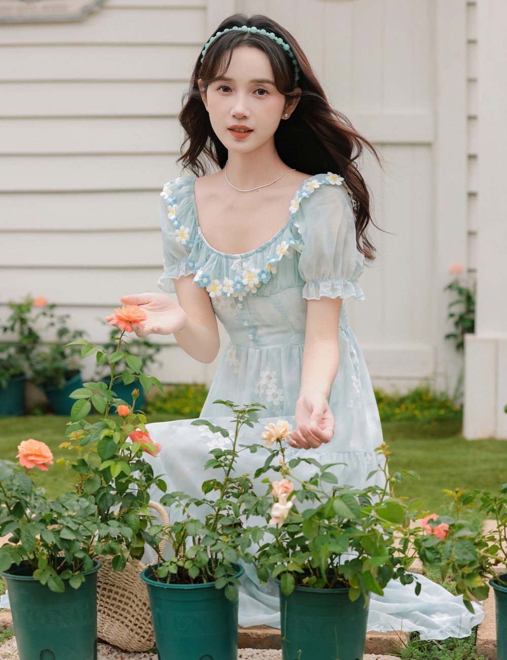 Summer high waist pinched waist blue retro dress for women