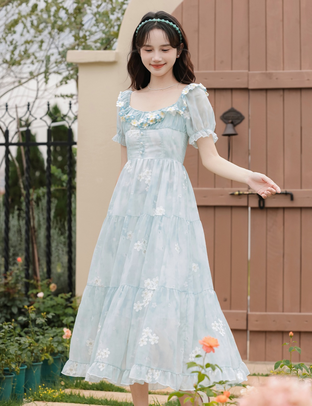 Summer high waist pinched waist blue retro dress for women