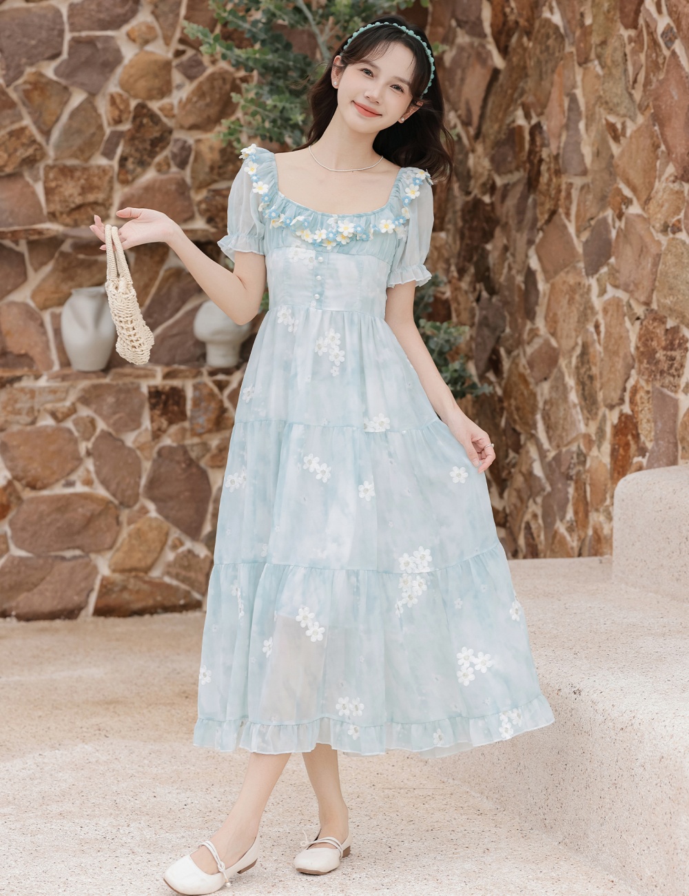 Summer high waist pinched waist blue retro dress for women