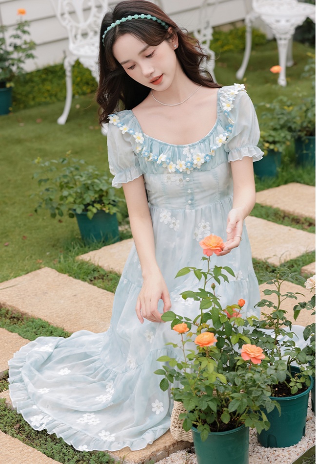 Summer high waist pinched waist blue retro dress for women