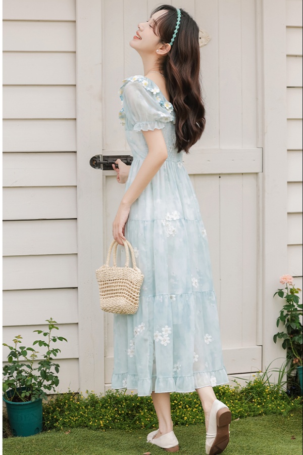 Summer high waist pinched waist blue retro dress for women